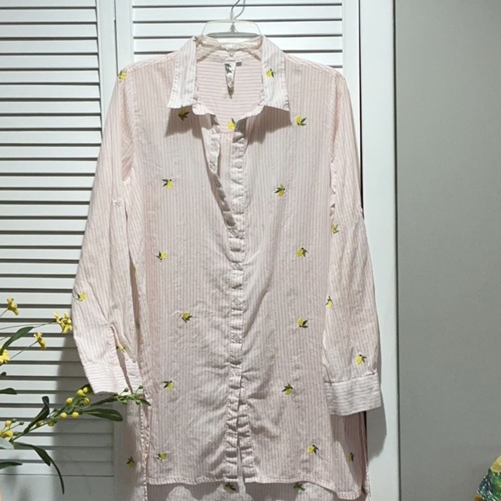Pink Striped Button-Up Shirt with Yellow Floral Embroidery